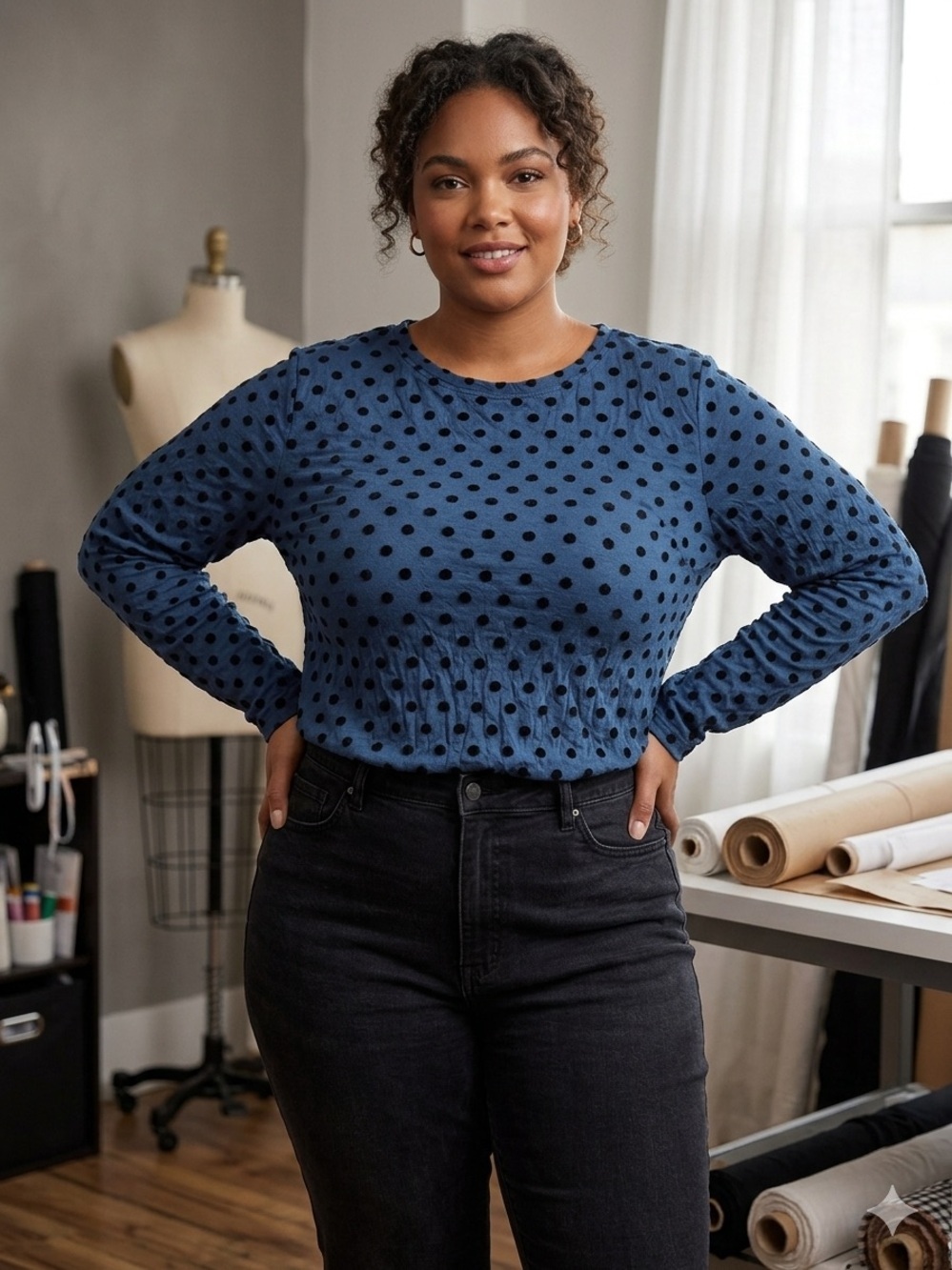 Talbots Blue Long-Sleeve Polka Dot Smocked Top